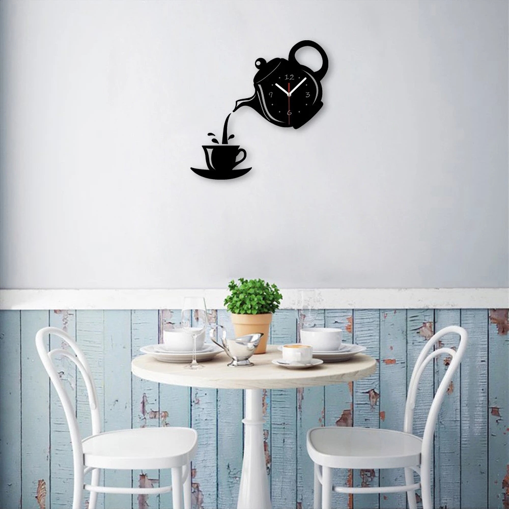 3d Self-Adhesive Acrylic Teahouse Jam Dinding Hias DIY Teko Cermin Desain Modern Cangkir Stiker Dinding