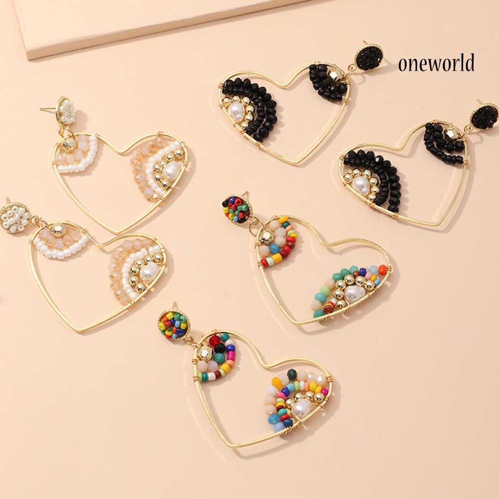 OW# Boho Women Beads Heart Big Hollow Dangle Ear Stud Earrings Party Club Earrings