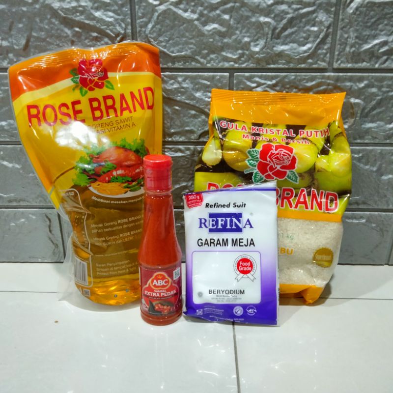 

PaHe Minyak Rose Brand 1L + Gula Rose Brand 1Kg + Garam Regina 250Gr + Sambal ABC
