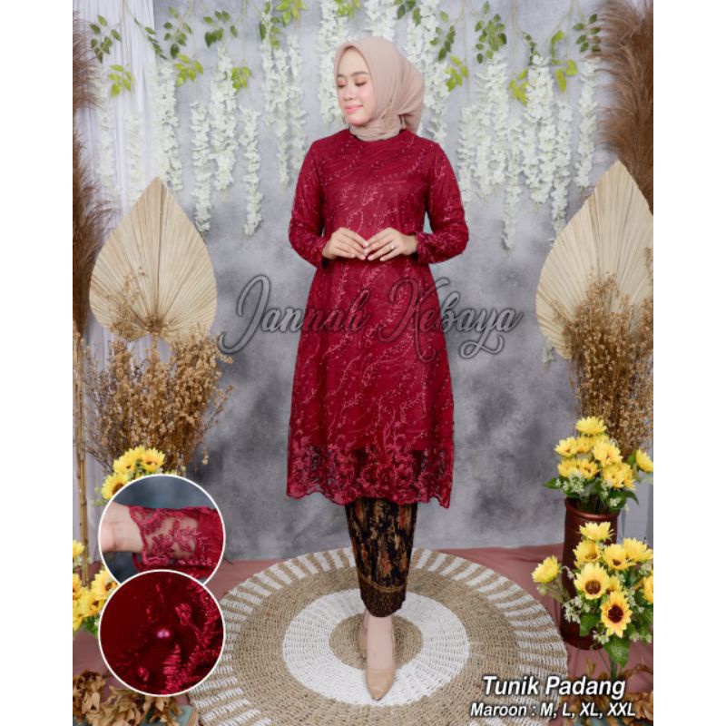 Fanstore Setelan Kebaya JUMBO LD 130 BIG SIZE &Swaroski Tunik Bordir Mutiara-MAROON