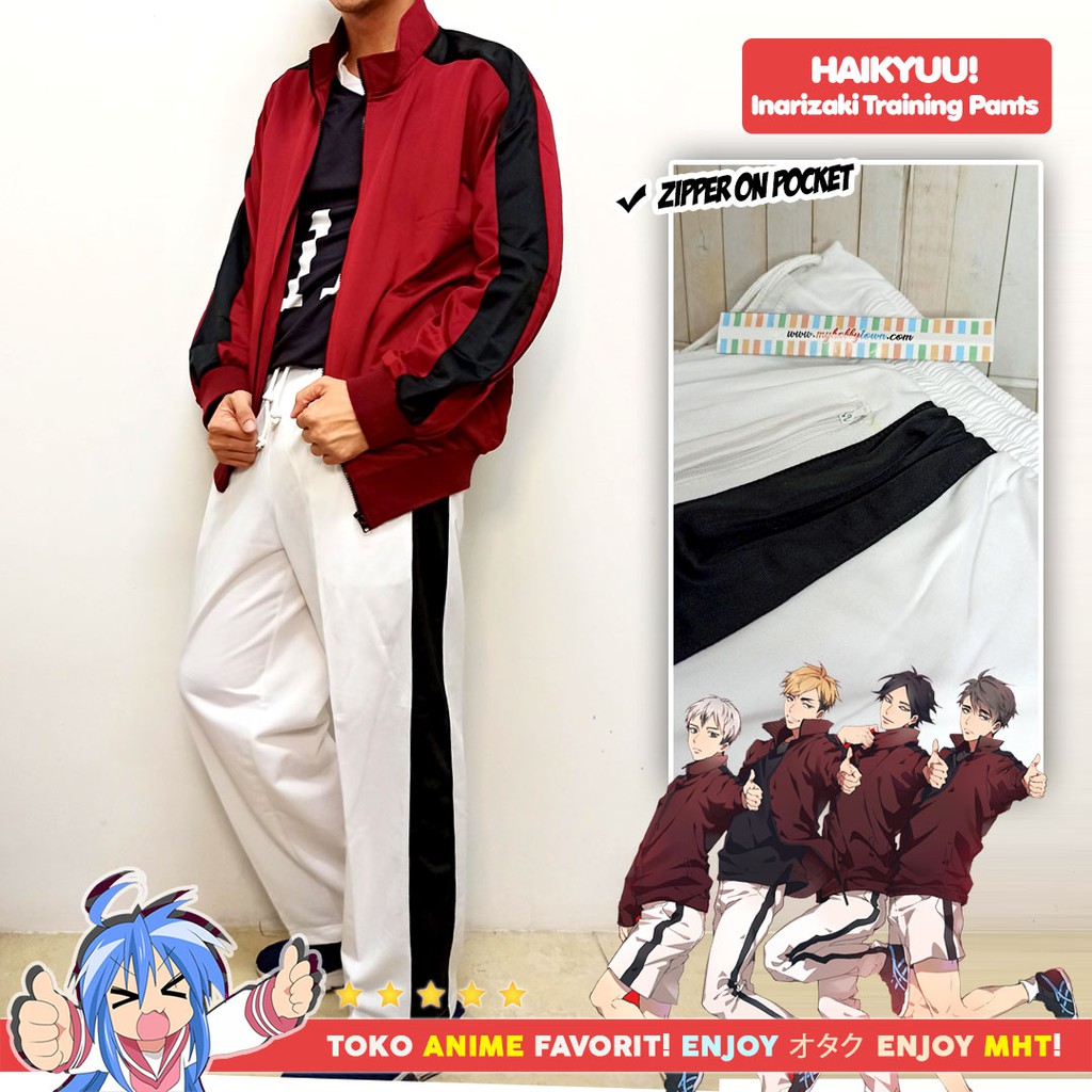 Celana Sport Training Pants Anime Cosplay Putih Garis Hitam Inarizaki