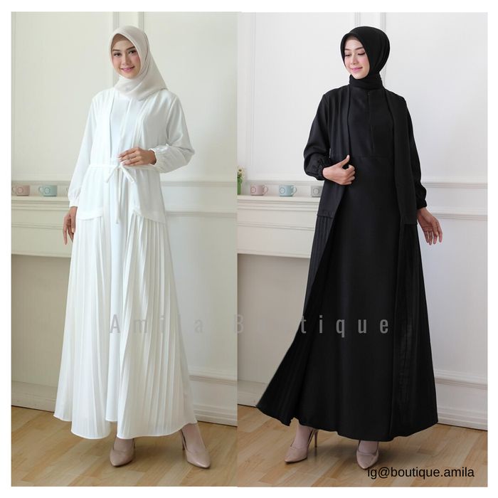 PREMIUM GAMIS WANITA ROBE LAYER PLISKET / DRESS MUSLIM PRISKET BUSUI PUTIH BW - HITAM
