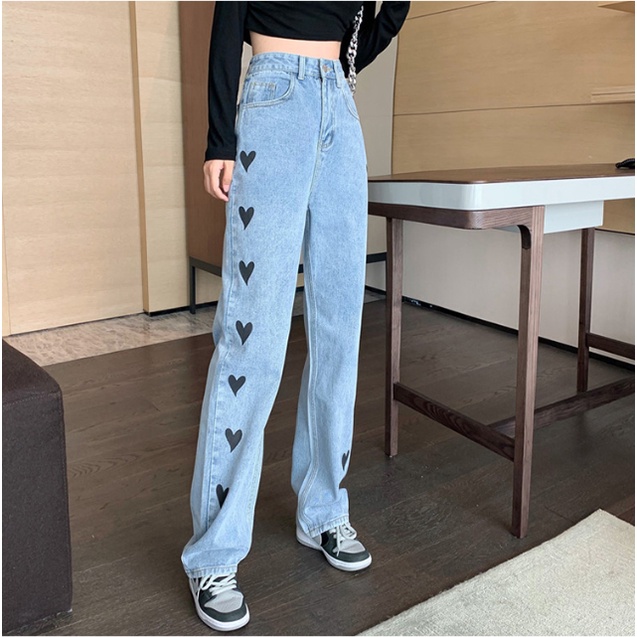 LOVE High-waist Lurus-kaki Celana Jeans Wanita