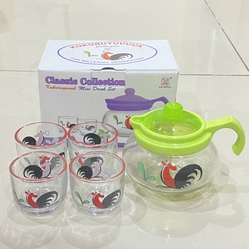 Satu Set Teko Kaca Teh Mini Motif Ayam Kukuruyuk isi 5pcs Kado