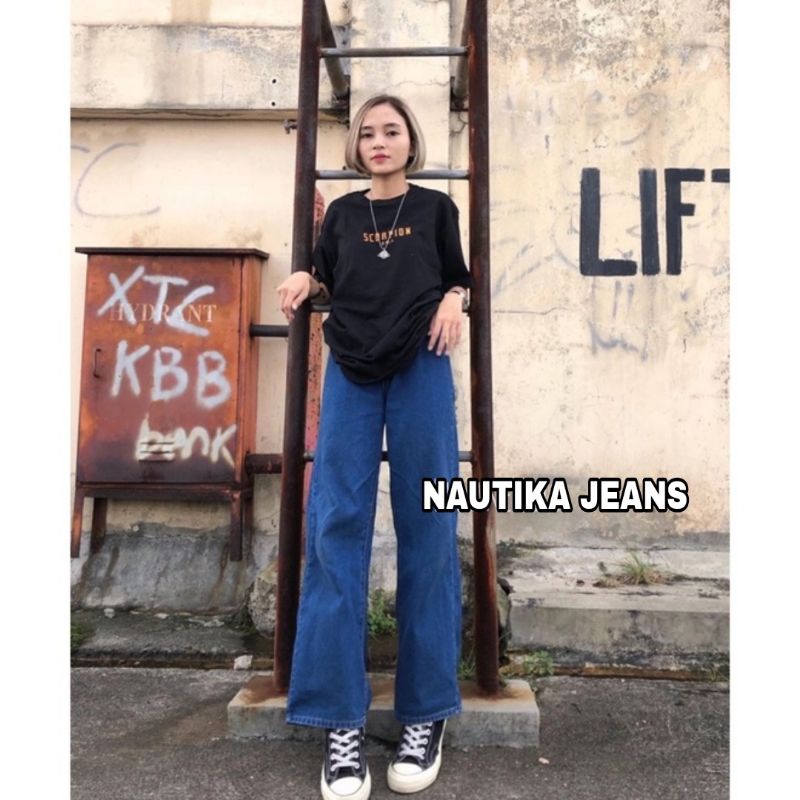 highwaist Kulot Jeans Wanita Loose