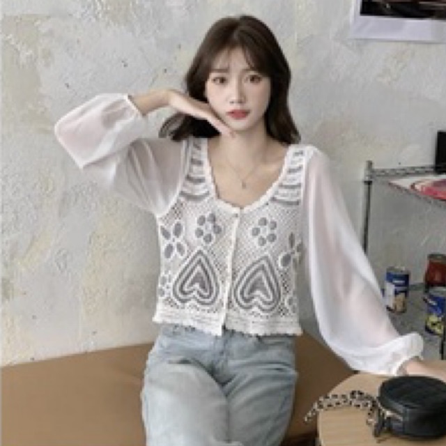 Atasan wanita blouse knit crochet tulle