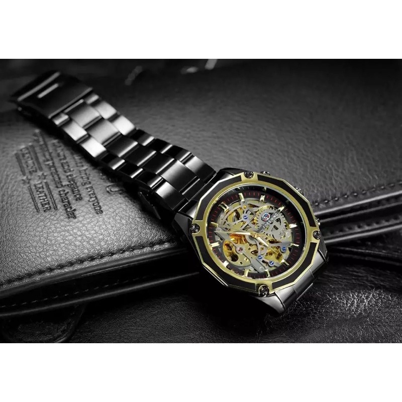 Jam Tangan Pria Forsining Original Mekanik Otomatis Bisnis Luxury Skeleton Black Stainless Steel