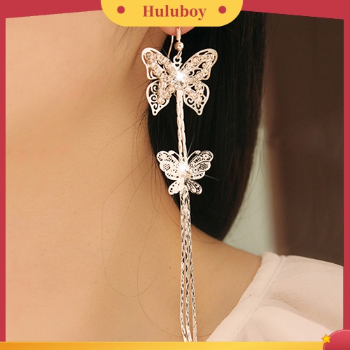 Hu Hu Hu Hu Hu Alat Bantu Pasang Kacamata♡ Anting Kait Gantung Panjang Wanita Model Butterfly Rumbai Lapis Ganda Hias Berlian Imitasi