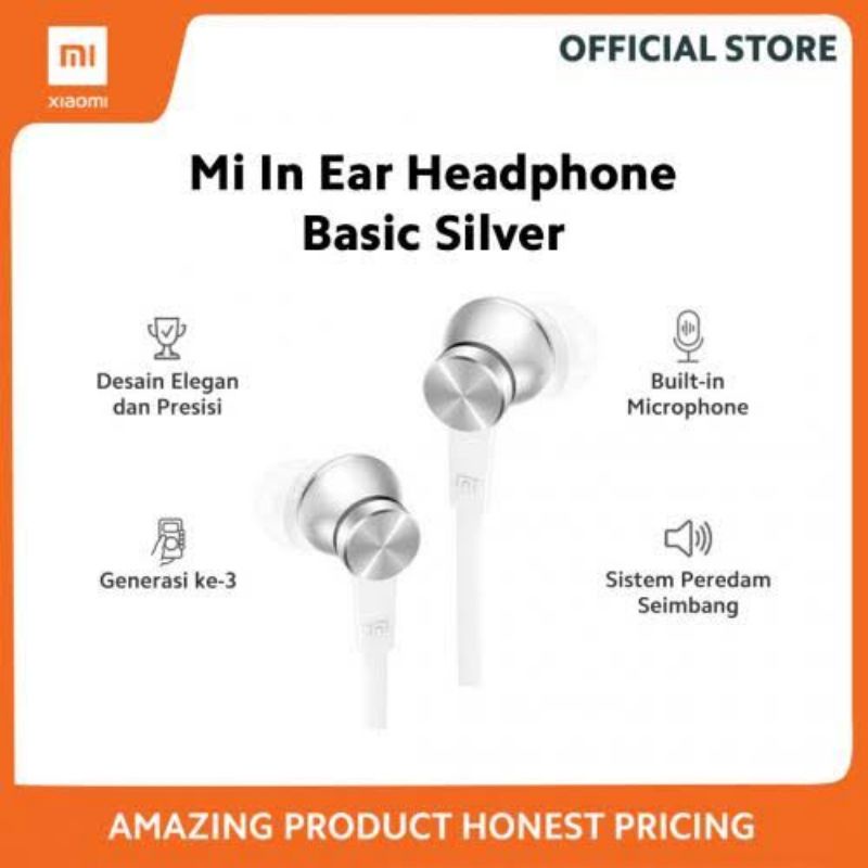 EARPHONE MI IN EAR BASIC XIAOMI (RESMI TAM) HEADPHONE HEADSET / EAR PHONE XIAOMI MI IN EAR BASIC (SILVER)