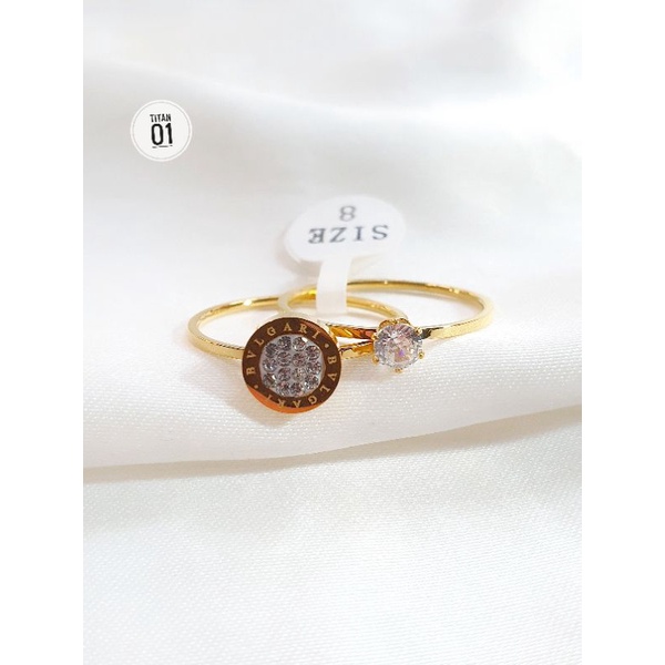 Cincin 2 In 1 Gold Titanium Bulat Permata N18042203