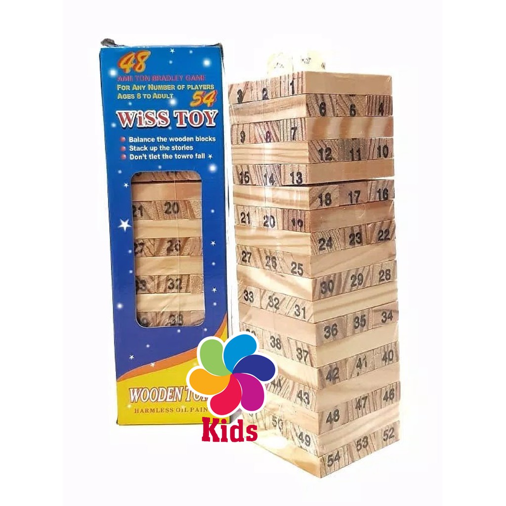 UNO STACKO KAYU WODEN SET DADU 48PCS-MAINAN ANAK UNO BOARD GAME FAMILY