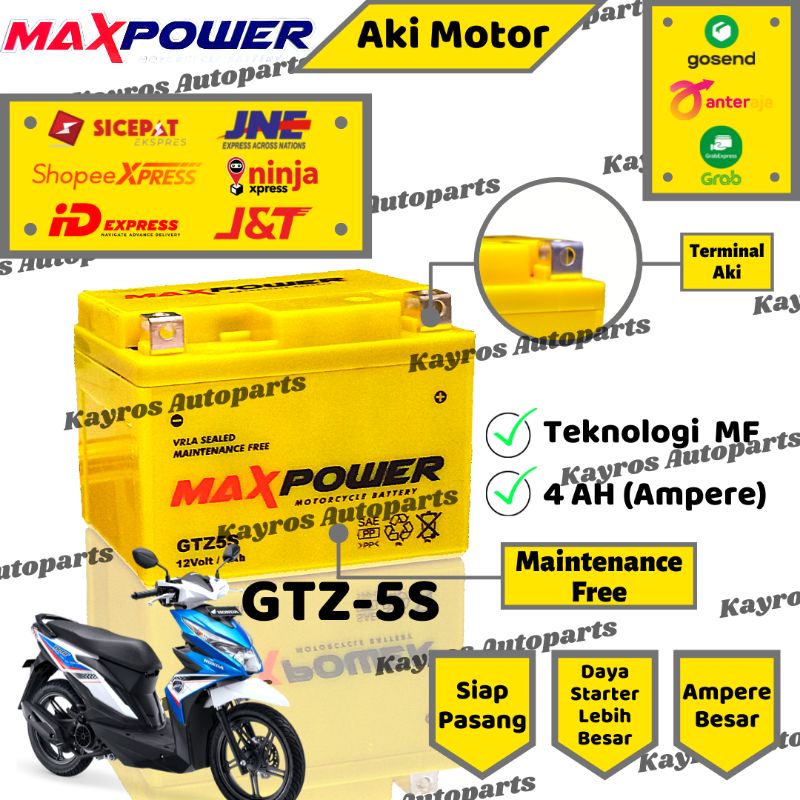 Aki Full Kering Max Power GTZ 5s MF Honda Beat FI , Scoopy FI , Spacy FI Original