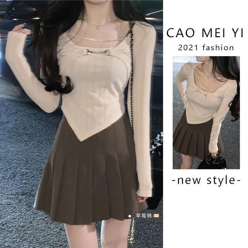 Suhao Musim Semi dan Musim Gugur Pure Fashion Dressing Small Fashion Gaya Barat Palsu Dua-piece Pendek Top Wanita Kulit Penutup Rantai T-Shirt Lengan Panjang