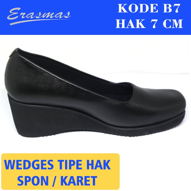 Sepatu Wedges Persit Bhayangkari Hak Karet 7 Cm B7 Erasmas Sepatu Kerja Wanita Sepatu Wedges Hitam