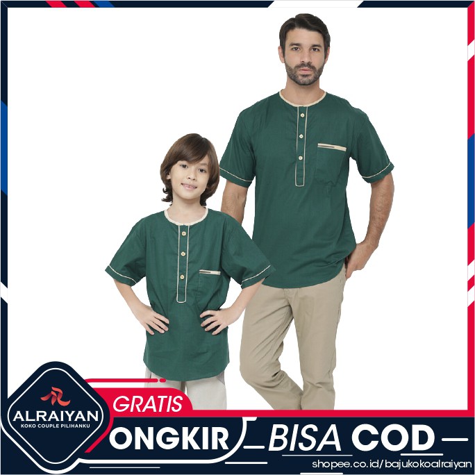 ALRAIYAN OFFICIAL BAJU KOKO COUPLE ANAK DAN AYAH WARNA HIJAU BOTOL LENGAN PENDEK