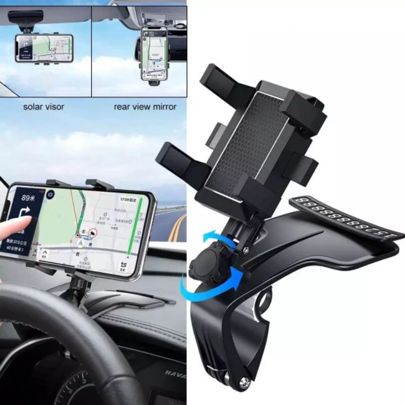 Phone Holder Mobil 4 in 1 Dudukan Hp di dashboard sunvisor rearview kaca belakang Universal Tripod Jepit Serbaguna