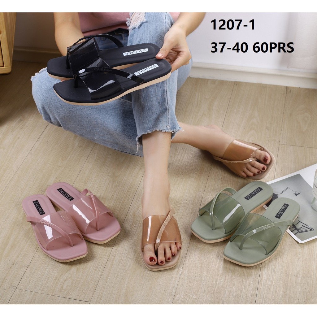 Sandal Wanita Import Balance 1207 1 Sendal Slop Bening Mengkilat Plus Tali Jempol Jelly BLC 1207-1