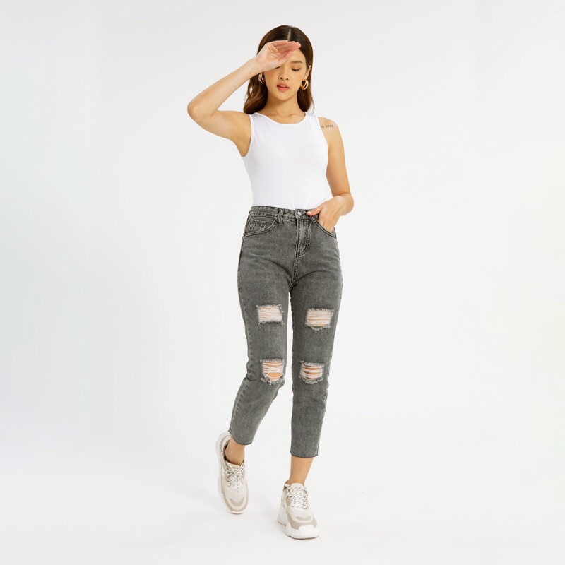 VIERLIN - Jeans 80115 - HIGHWAIST RIPPED BF UNFINISHED JEANS