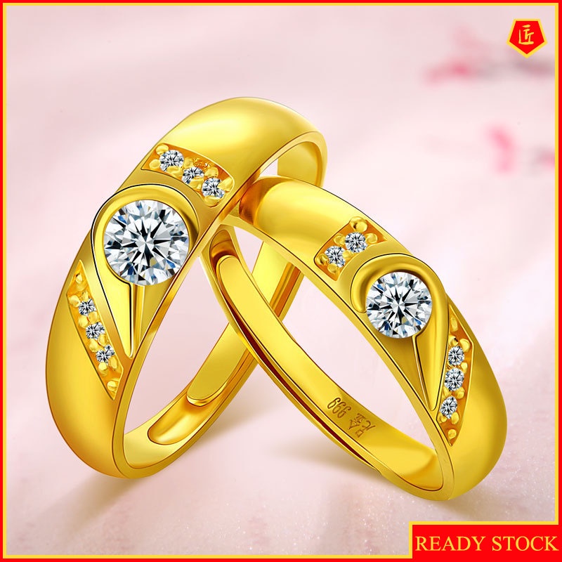 [Ready Stock]Heart-Shaped Inlaid Diamond Gold Couple Ring