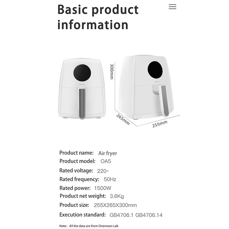 Onemoon Air Fryer Mesin Penggoreng Tanpa Minyak 3.5L - OA5 - White