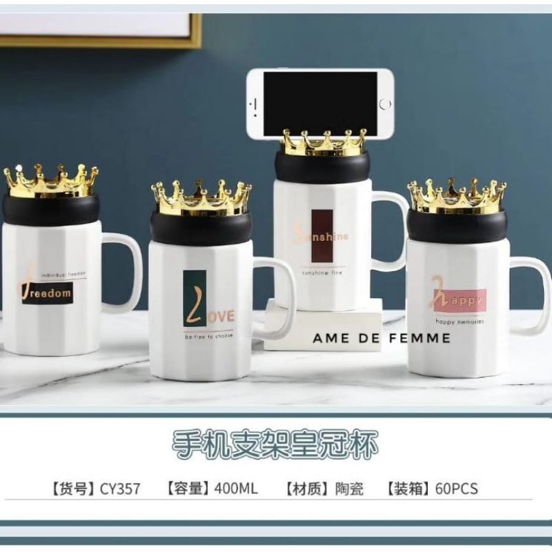 Gelas Cangkir Mug tutup putar Keramik crown emas + gift box