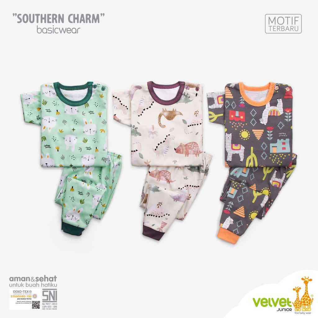 Velvet Junior Southern Charm Setelan Oblong Pendek Kancing Pundak + celana panjang