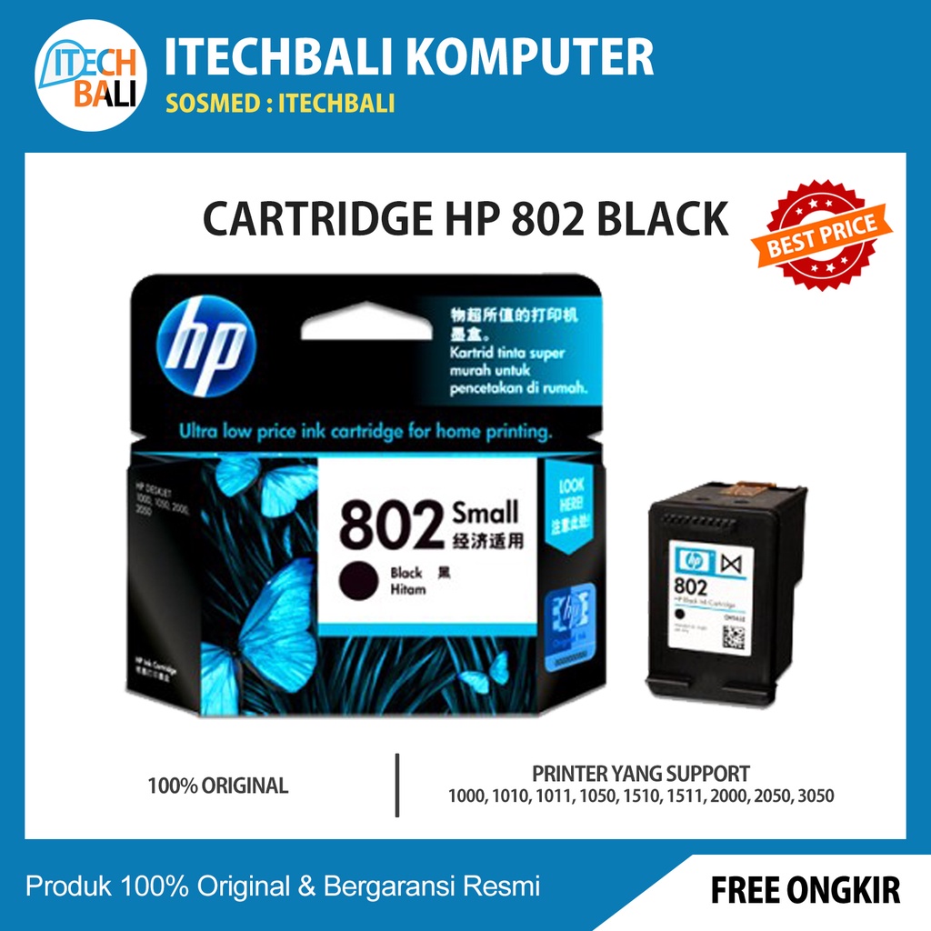 Cartridge HP 802 Black Original Ink  | ITECHBALI