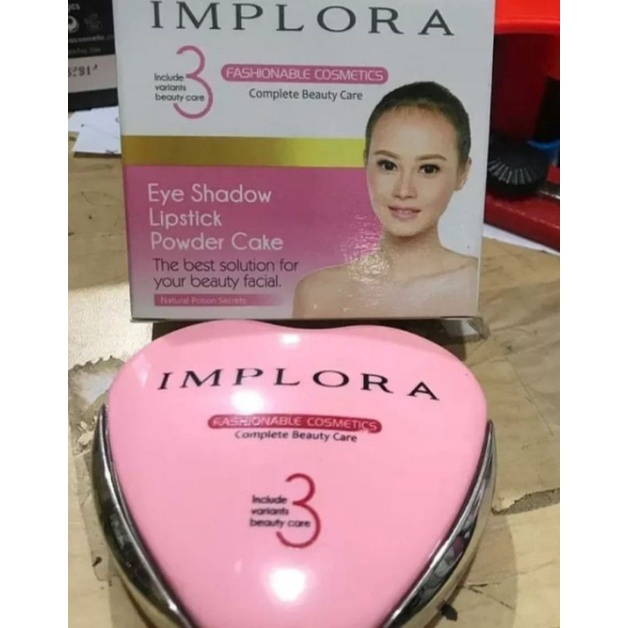 Bedak Implora 3in1 Bedak + Lipstik + Eyeshadow foundation Bentuk Love Hati Unik Pink Merah Bedak Pad