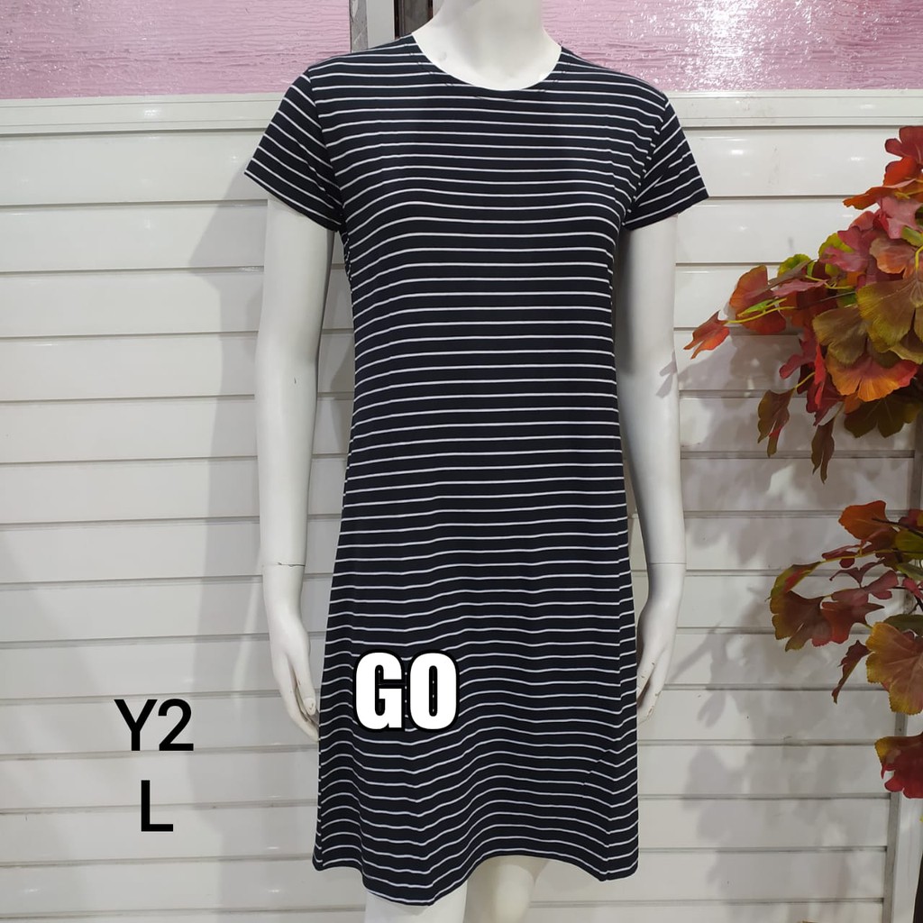 gof DS LMN DRESS/DASTER Wanita Casual Motif Salur Hitam Putih Pakaian Perempuan Lengan Pendek