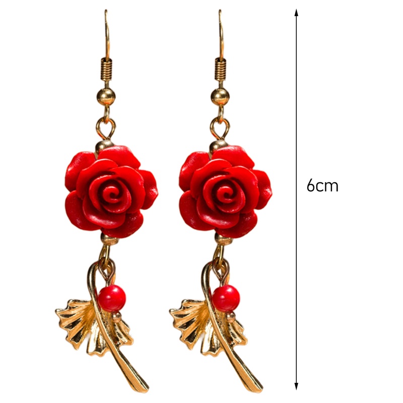 Anting Tusuk Gantung Desain Bunga Mawar Merah Hias Berlian Imitasi Vintage Untuk Wanita