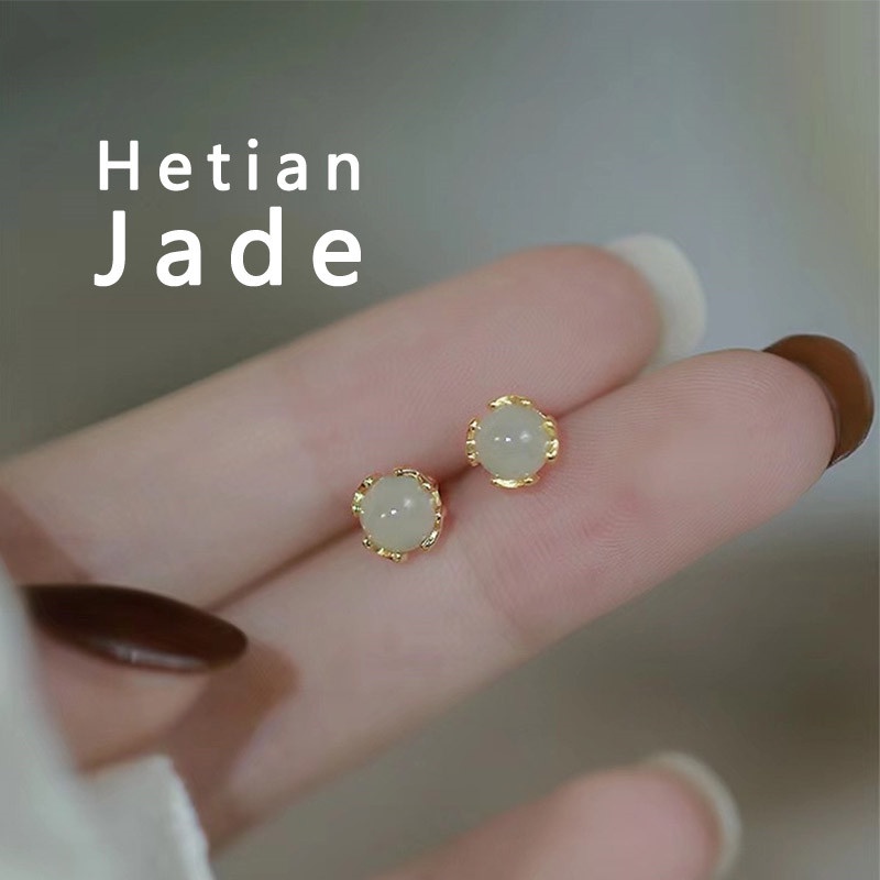 Anting Stud Giok Hetian Natural Bentuk Persegi Untuk Wanita