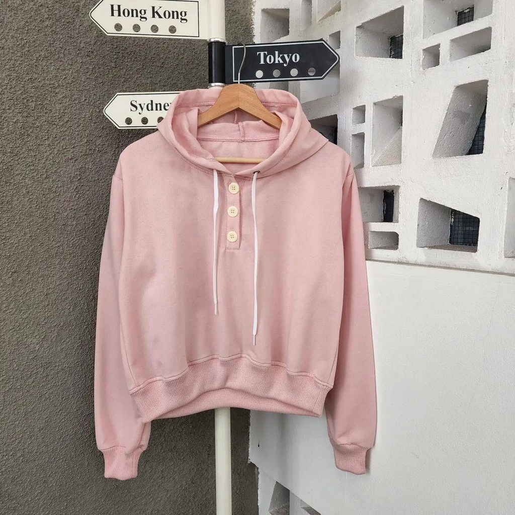 THREE BUTTON HOODIE CROOPE Sweater Jacket Wanita Oversize Berkancing Pakaian Blouse Fashion Terkini Korean Style Outfit Kasual Terbaru