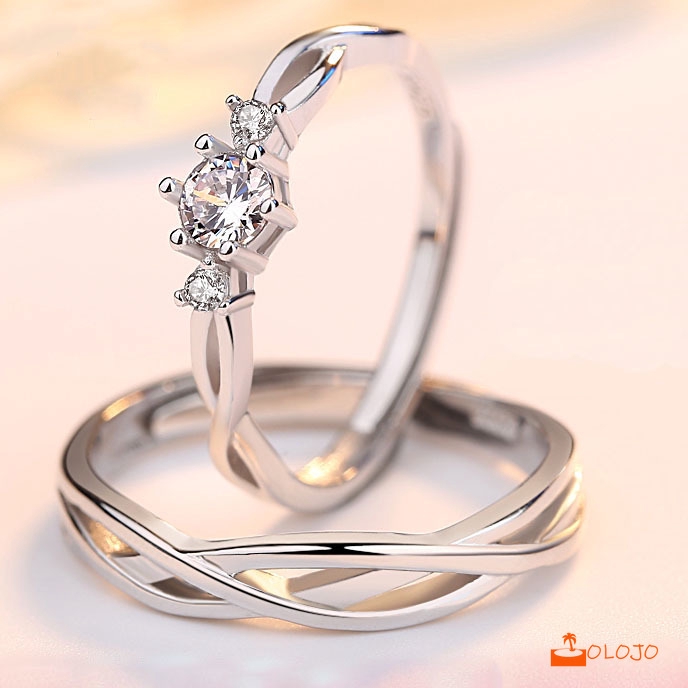 OLOJO 925 Silver Cincin Pasangan Berlian Mode Wanita Perhiasan Cincin Couple Rings