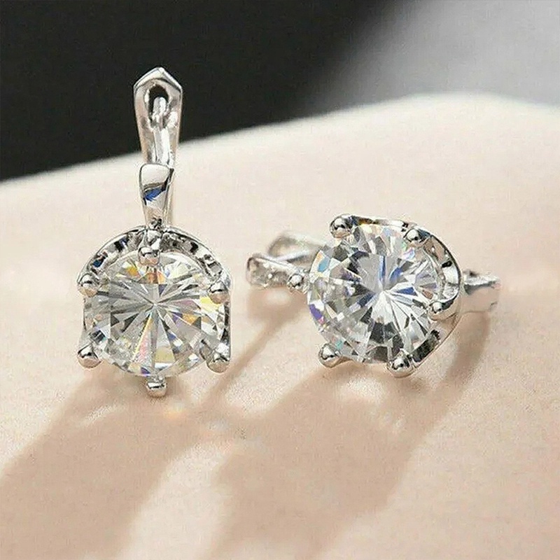 Anting Hoop Cubic Zirconia Bentuk Bulat Warna Silver Untuk Wanita