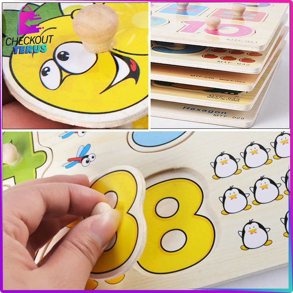 CT M67 M68 Mainan Edukasi Anak Puzzle Kayu Knob Motif Bergambar Mainan Balok Kayu Susun Background Lucu Wooden Toys