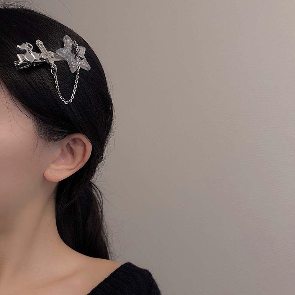 Needway   Wanita Jepit Rambut Shiny Barrettes Dengan Rantai Hiasan Kepala Hiasan Rambut Gaya Korea Pentagram Hairpin