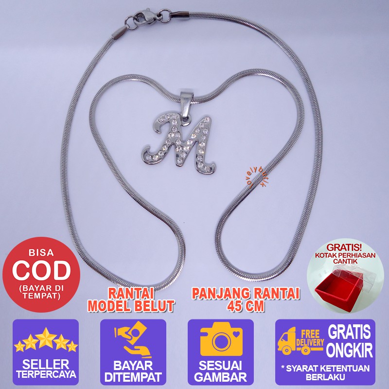 Lovelybutik Honey Kalung Huruf Titanium Anti Karat Inisial M Uk 45 cm BONUS KOTAK PERHIASAN