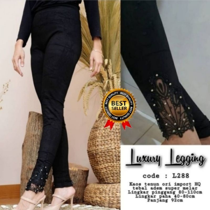 ☄️COD☄️ Legging Wanita Premium Import Kekinian Brukat+Mutiara / Celana Legging Hw Wanita