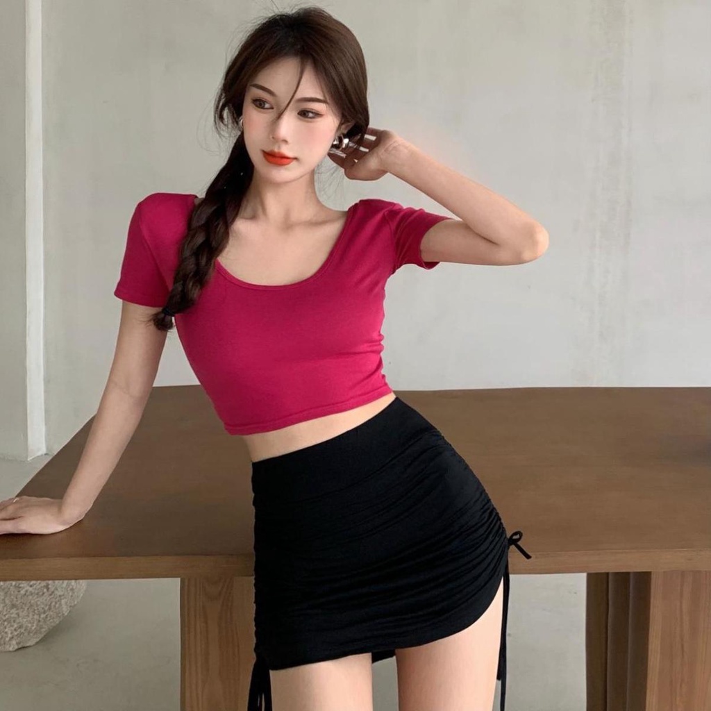 Gadis kecil panas u-neck t-shirt wanita musim panas baru all-match ketat tipis lengan pendek berping