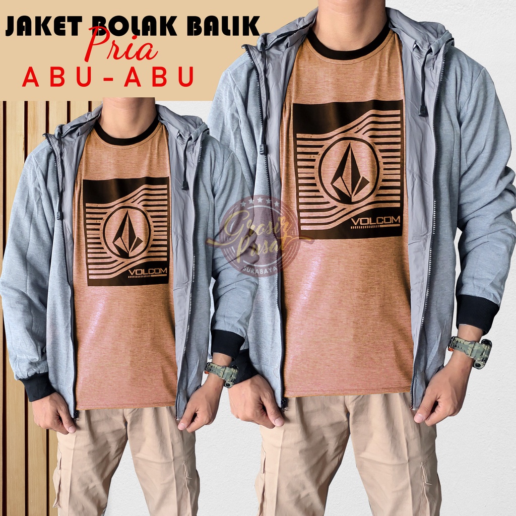 Jaket Bolak - Balik Abu Parasut Fleece 2 In 1 Hoodie