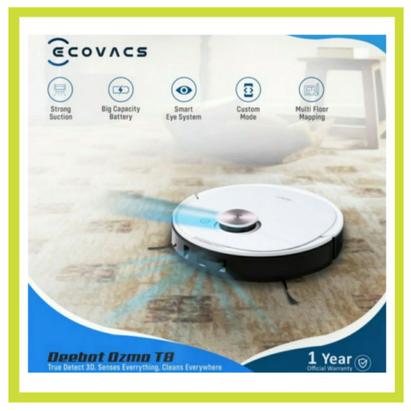 Ecovacs Deebot Ozmo T8 Robot Vacuum Cleaner TrueDetect 3D Mop Sapu Pel