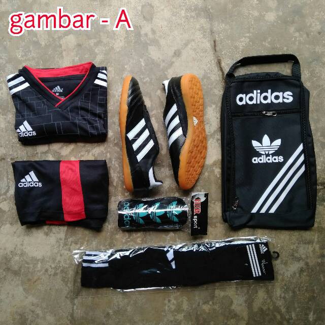 Lima Paket Komplit Sepatu Futsal + Kaos // PAKET KOMPLIT sepatu futsal adidas bahan KOMPONEN SUPER