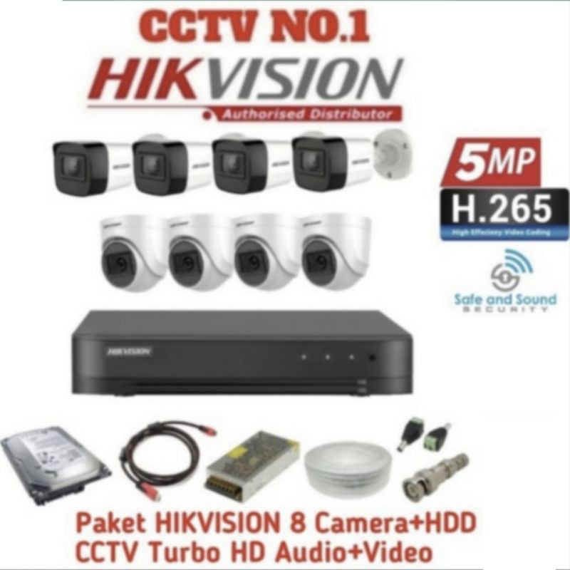 PAKET CCTV HIKVISION AUDIO 5MP 8 CHANNEL 8 CAMERA 2560P LENGKAP HARDDISK 1 TB