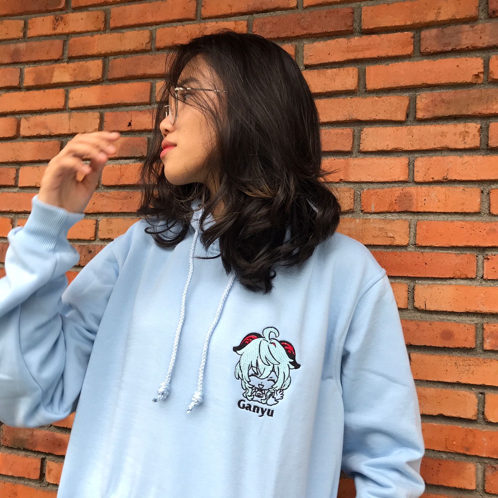 Hoodie Ganyu Embroidery Sky Blue Gaming Anime Waifu Sejuta Umat Gamer Premium Unisex