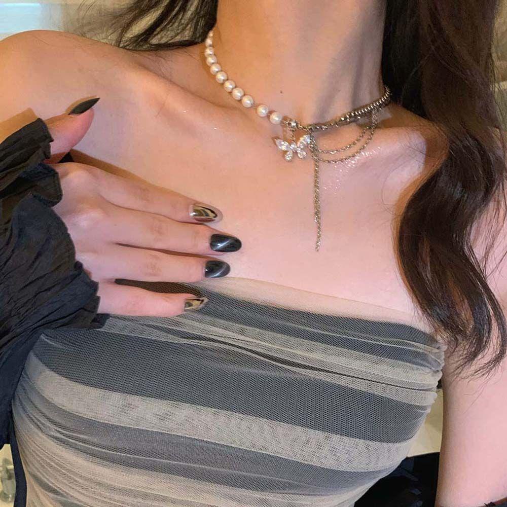 Mxbeauty Kalung Mutiara Elegan Hip Hop Perempuan Berlian Imitasi Choker Kupu-Kupu Liontin Wanita Rantai Klavikula