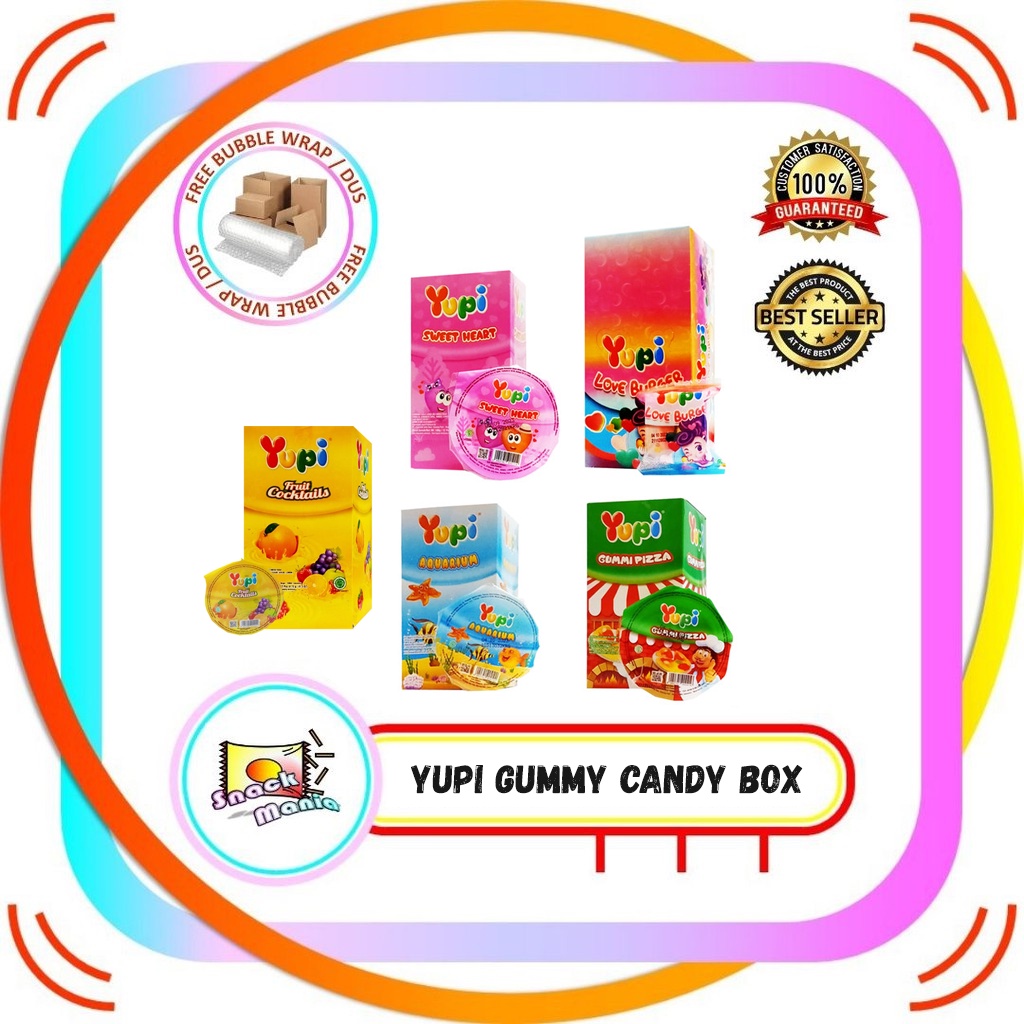 

Yupi Permen Jelly Candy Gummi Pizza - Sweet Heart - Aquarium - Love Burger - Fruit Cocktail BOX