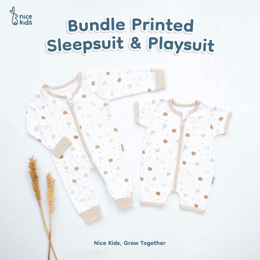 Nice Kids - [2 PCS] Bundle Printed Playsuit &amp; Sleepsuit Baby (Onesie Romper Jumper Motif Lucu Bayi 0-2Tahun)