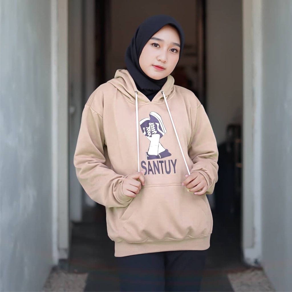 Sweater Hoodie Wanita Kantong Depan Sepatu SANTUY Ukuran M-L-XL-XXL Bisa Bayar Ditempat COD