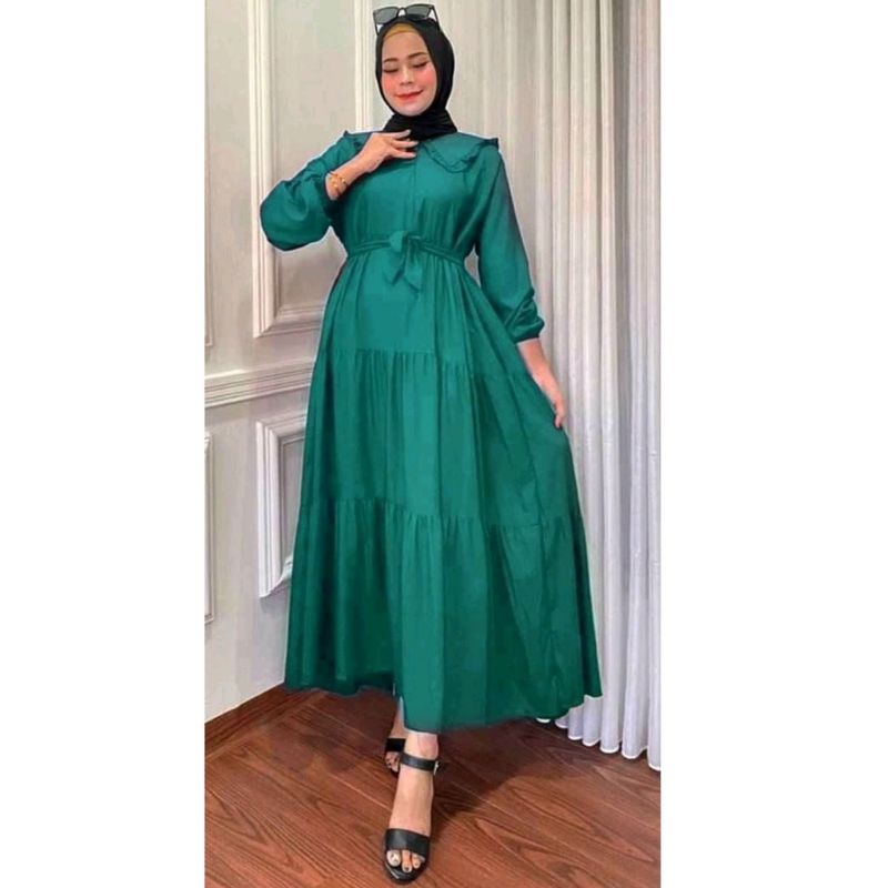 GAMIS NOORA JUMBO RAYON SUPER POLOS REMPEL SUSUN wanita remaja polos-NOORA Hijau botol
