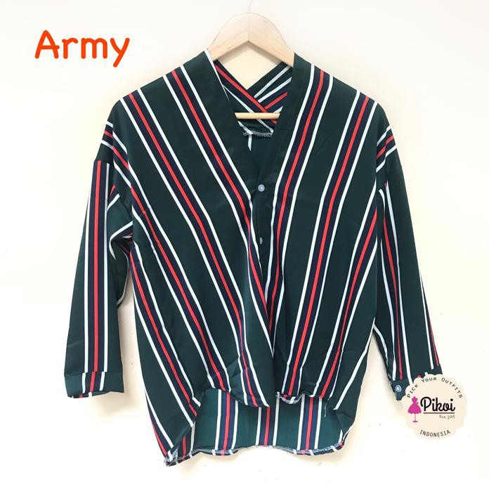 Kemeja Boyfie Garis / Kemeja Wanita Murah / Kemeja V Neck / Salur Top Quality